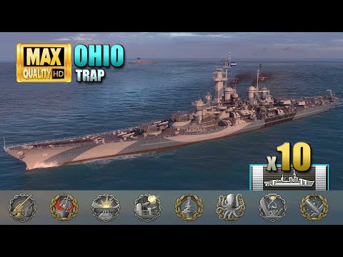 Battleship Ohio: 8 achievements earned on map Trap - World of Warships