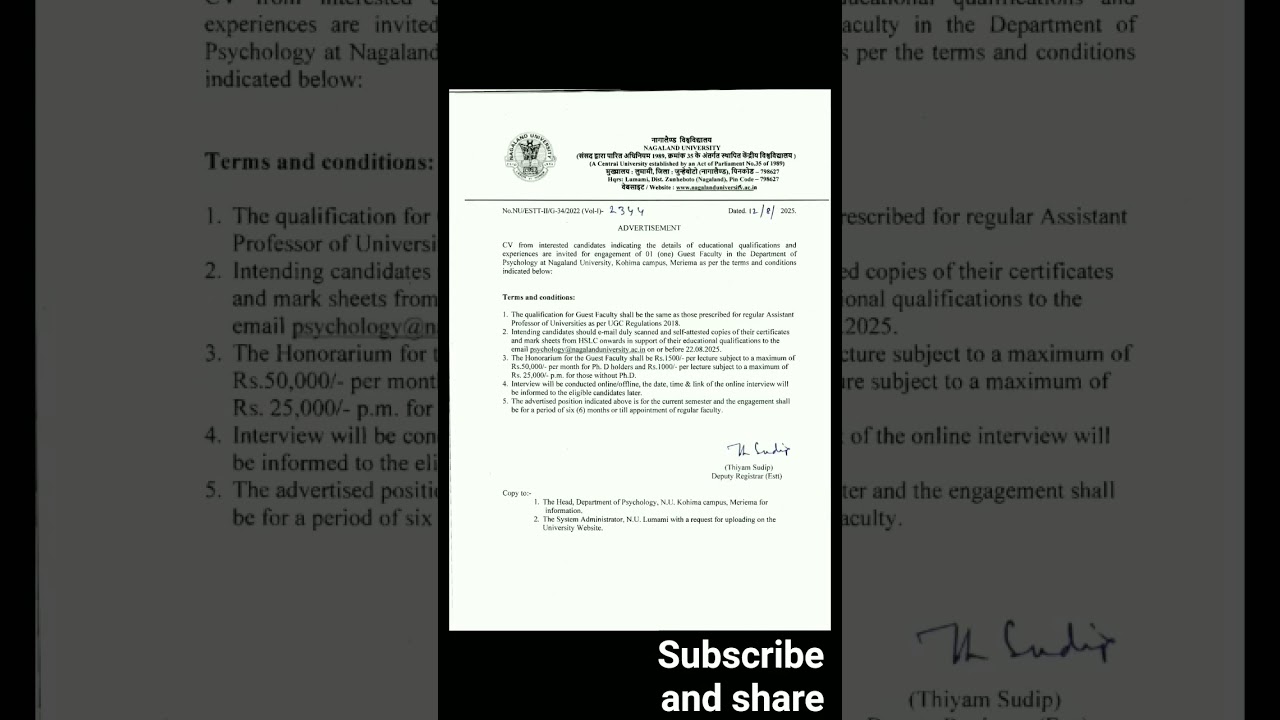 Nagaland University Recruitment 2025 Guest Faculty (Dept of Psychology)1Post|Details in description