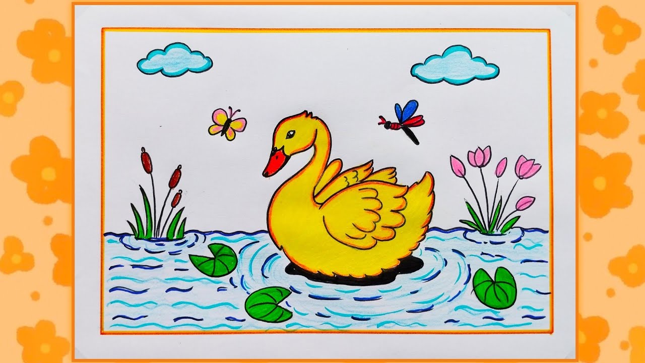 Duck Drawing Easy| Duck Scenery Drawing| How To Draw Duck Step By Step| Duck Drawing For Beginners| 