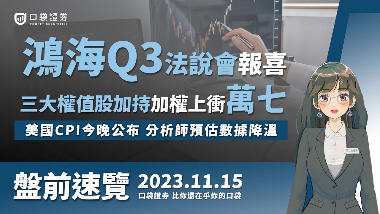 2023.11.15 星期三-鴻海Q3法說會報喜,三大權值股加持加權上衝萬七!美國CPI今晚公布,分析師預估數據降溫!
