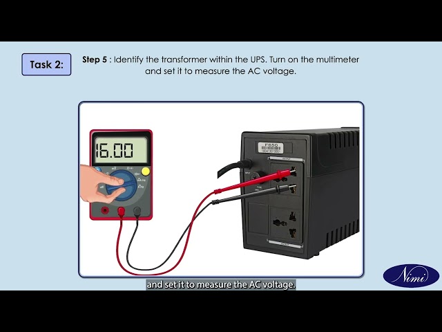 Demonstrate the various test points and verify the voltage on the UPS