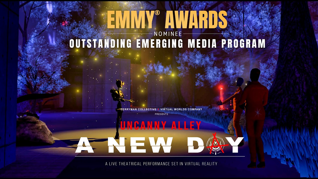 Trailer card for Uncanny Alley: A New Day showing a service robot and two figures in orange jumpsuits in a blue moonlit forest