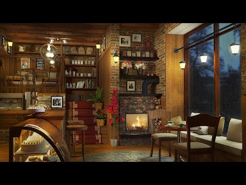Cozy Coffee Shop Ambience with Relaxing Jazz Music, Rain Sounds & Crackling Fireplace | 8 Hours
