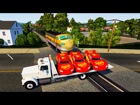 Flatbed Trailer Truck Transporter Rescue - Car vs Rails and Trains - BeamNG.drive #2