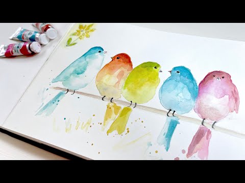 How to Paint Cute and Colorful Watercolor Birds - Easy Greetings Card Idea - Step by Step Tutorial