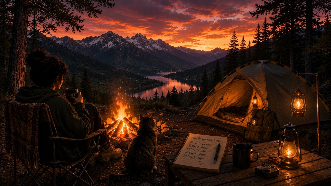 🔥Cozy Mountain Campfire at Sunset | Relaxing Lofi Beats for Reading & Peaceful Evening #Nature #lofi