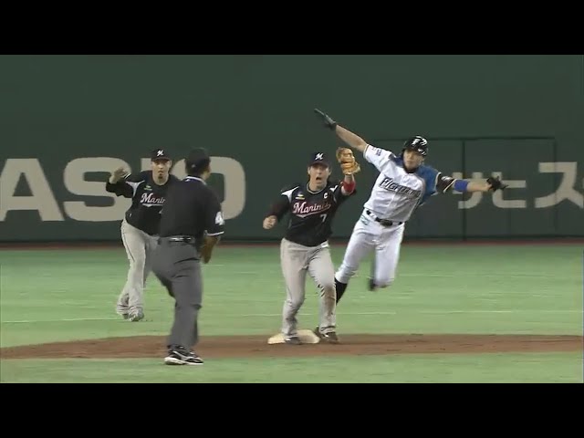 【7回裏】パ盗塁王ファイターズ・中島卓とNo.1盗塁阻止率マリーンズ・田村の対決結果は… 2015/9/3 F-M