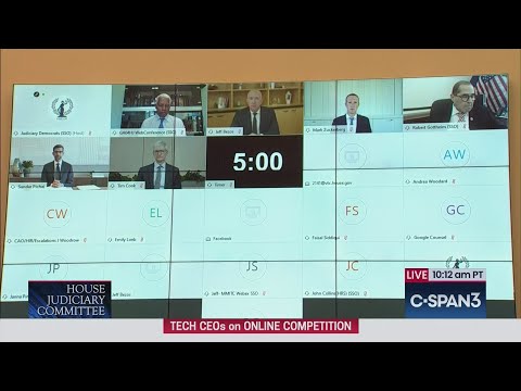 Tim Cook being asked an uncomfortable question in a political house hearing about why developers can only sell apps throug the app store. Tim Looks like he's squeezing out a tough turd.
