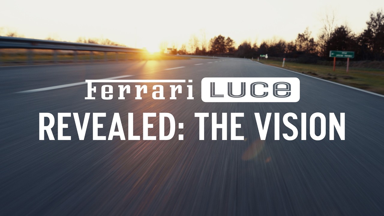 Ferrari Luce reveal event showing the car under dramatic lighting against a dark background