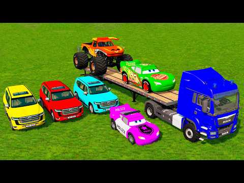 Flatbed Trailer McQueen & Monster Truck Transport | Cars vs Bollard vs Low Bridge | BeamNG #269