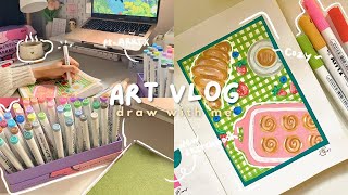 cozy art vlog 🥐 filling my new sketchbook using Arrtx 60B acrylic markers ✎ᝰ.