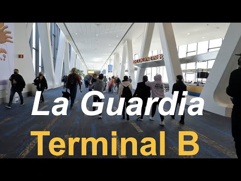 New York LGA La Guardia Airport Terminal B - Departures walk through & apron views