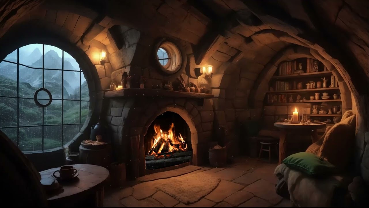 Cozy Hobbit Living Room | Soothing Fireplace, Relaxing Music & Ambience