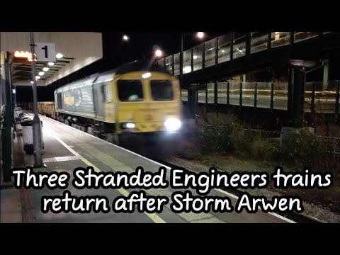 Prestatyn 28.11.21 - Three stranded engineers trains return after Storm Arwen Freightliner Class 66