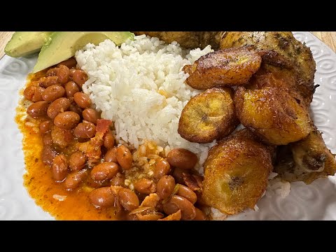 Weeknight Puerto Rican Dinner | long grain rice, pinto beans w/ tocino, maduros, & chicken