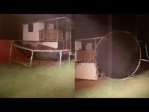 Trampoline Almost Blows Away During Cyclone