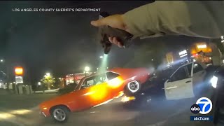 Bodycam video shows LASD shooting of man armed with knife who crashed Pontiac into patrol vehicle