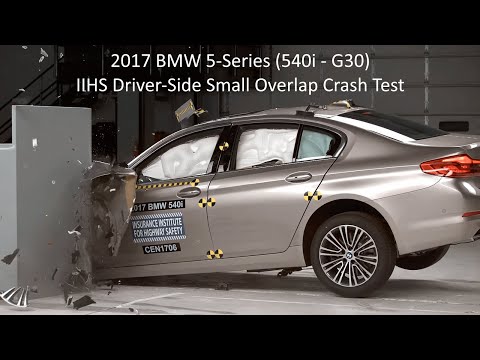 2017-2023 BMW 5-Series (540i - G30/G31) IIHS Driver-Side Small Overlap Crash Test (Extra Angles)