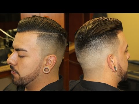 Slicked Back Pompadour with Bald Fade; pomp; scissor haircut; razor fade; side part