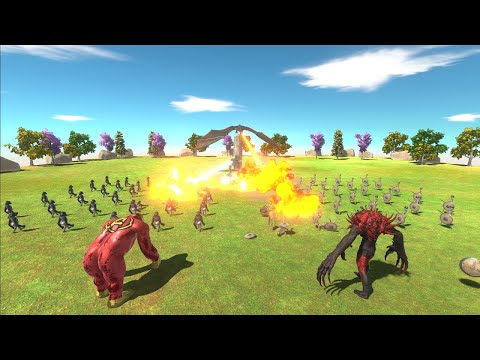 ATOMIC T-REX + DRAGON vs GORO + ARMIES & SCOURGE + ARMIES - Animal Revolt Battle Simulator