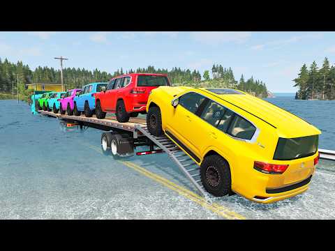 Triple Flatbed Trailer McQueen Transportation with Truck - Speedbumps vs Cars vs Train - BeamNG #14