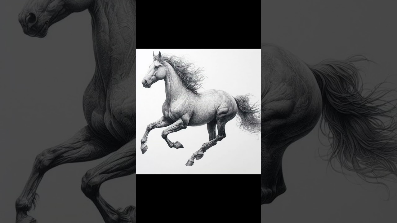 An intricate pencil sketch of a horse in full gallop, against a blank white background