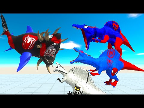 SPINOSAURUS TEAM vs SPIDERMAN MEGALODON TRAP DEATH RUN - Animal Revolt Battle Simulator