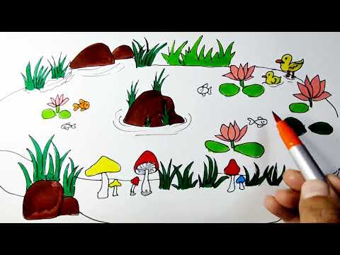 beautiful pond drawing | art for kids by Ipsita | colouring the nature |kids drawing and colouring