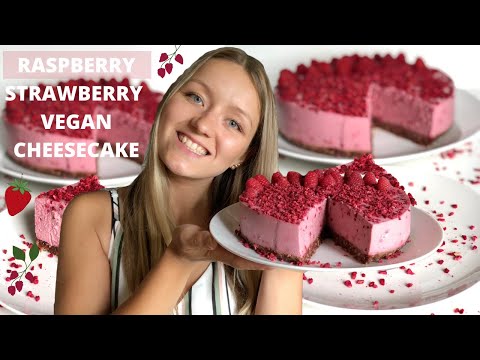 RASPBERRY AND STRAWBERRY VEGAN CHEESECAKE | no cashews, gluten free, no bake, healthy