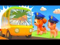 The yellow bus needs help! A police car is ready to go. Helper Cars for kids. Cartoons for kids.