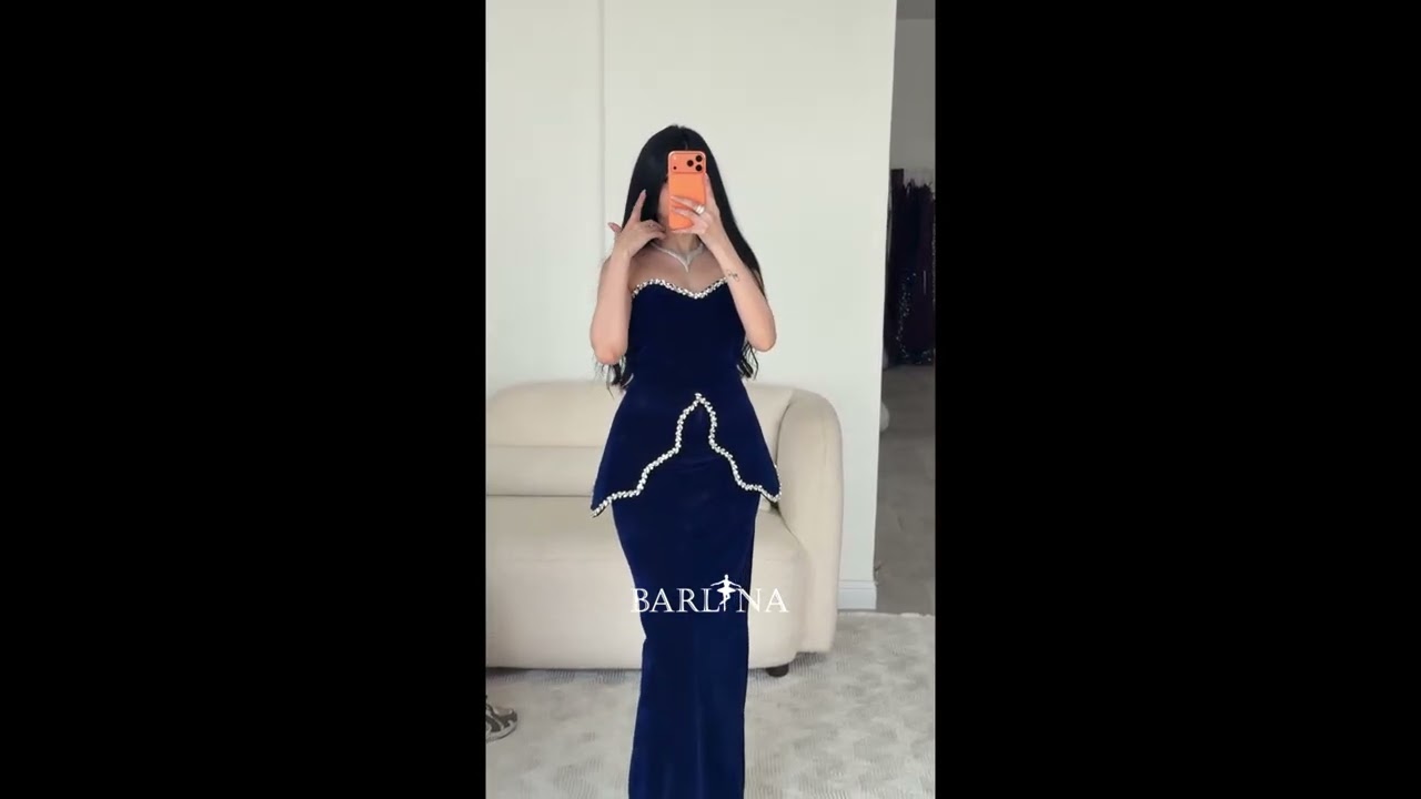 Navy velvet dress embellished with shimmering pearls - XXL