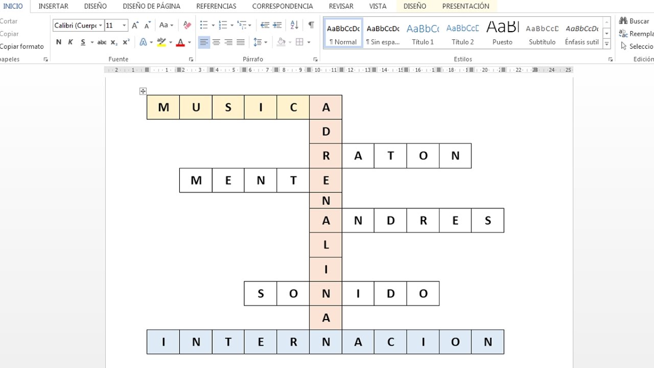 Como hacer un crucigrama en word 2013