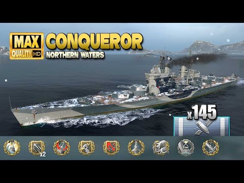 Battleship Conqueror: Massive damage on map "Northern Waters" - World of Warships