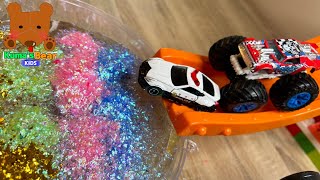 Police Cars and Monster Truck Play at the Slide in Water & Glitter!【Kuma's Bear Kids】