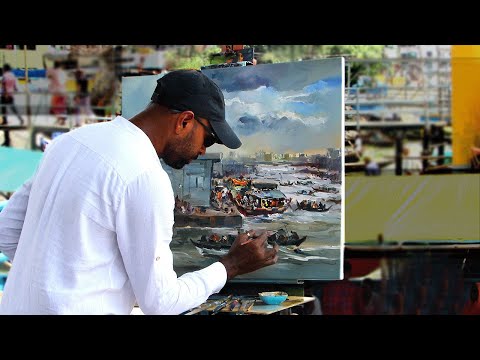 Plein Air Oil Color on Canvas | Outdoor Painting demo by Shahanoor Mamun | Dhaka Buriganga River