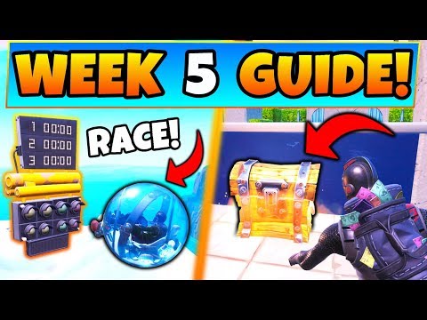 Fortnite WEEK 5 CHALLENGES! - Race Track in Happy Hamlet, Chests (Battle Royale Season 8 Guide)
