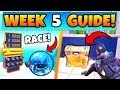 Fortnite WEEK 5 CHALLENGES! - Race Track In Happy Hamlet, Chests (Battle Royale Season 8 Guide)