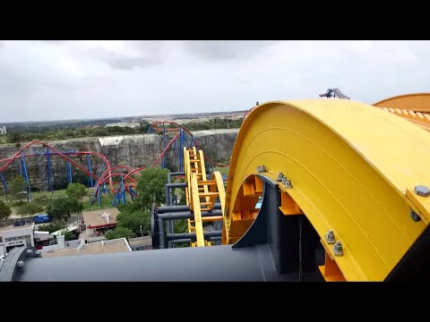 Front row point of view footage of Batman The Ride