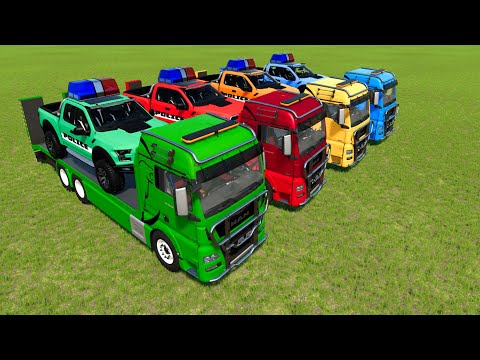 TRANSPORTING COLORS ! Load Transport Police Car Raptor Color With Truck Scania