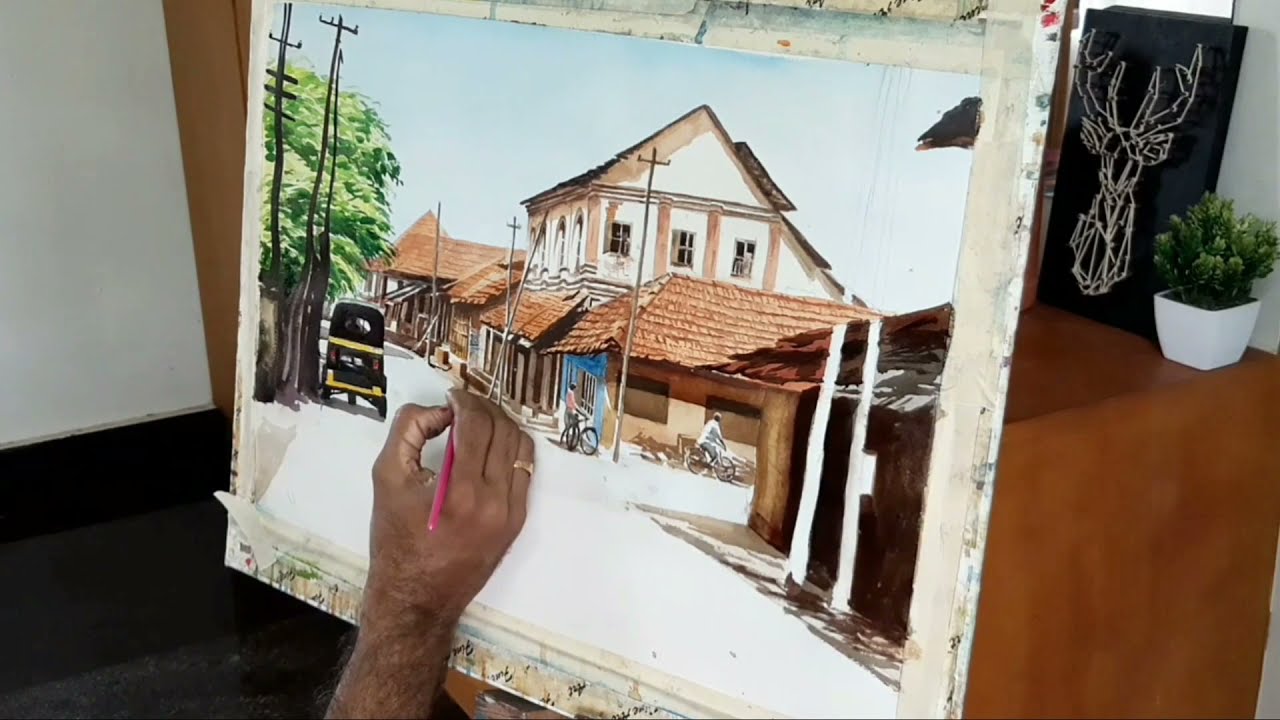 watercolor painting old indian street by urban gallery
