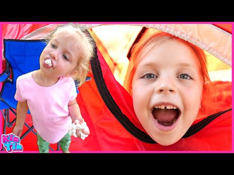 BACKYARD CAMPING and SMORES! Kin Tin and Family Camp Routine, Build A Tent, Campfire and More!