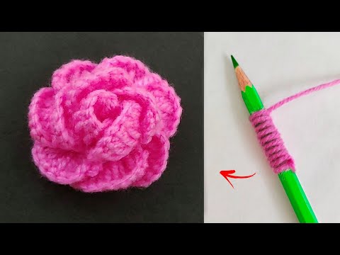 Amazing Rose Flower Making Idea with Pencil - Hand Embroidery Design - Easy Trick -DIY Woolen Flower