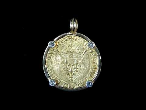 French 'Ecu Dor' King Charles VI Gold Coin Pendant, with Yellow Gold and Diamond Bezel