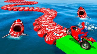 GTA V Epic New Stunt Race For Car Racing | Superheroes ride on the bridge of Spider Mcqueen by Shark