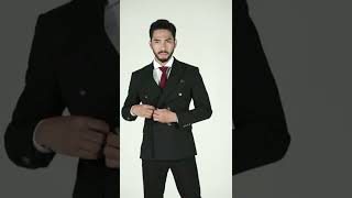 Double Breasted Suit Blazer - Black Pinstripes (Peak Lapel)