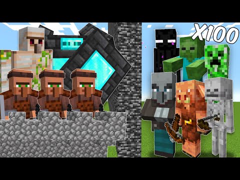 SquareEyes - Villager Castle vs 100 Vanilla Mobs (Minecraft Mob Battle)