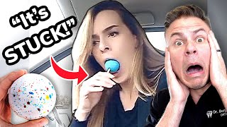 Orthodontist Reacts! Giant Jawbreaker Gets Stuck In Mouth