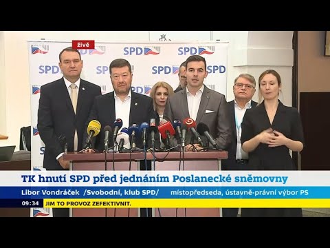 Libor Vondráček (Svobodní) na brifingu klubu SPD k hlasování o důvěře vládě ANO, SPD a Motoristů |