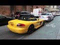 Yellow Viper SRT 10 Convertible Driving Through Soho Ferraris