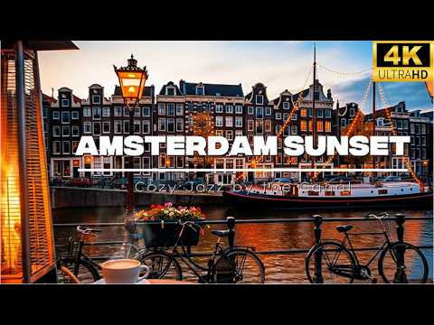 Amsterdam Sunset Café ☕ Cozy Jazz by the Canal 🔥 Fireplace, Boats & Evening Ambience | 2.5H 4K